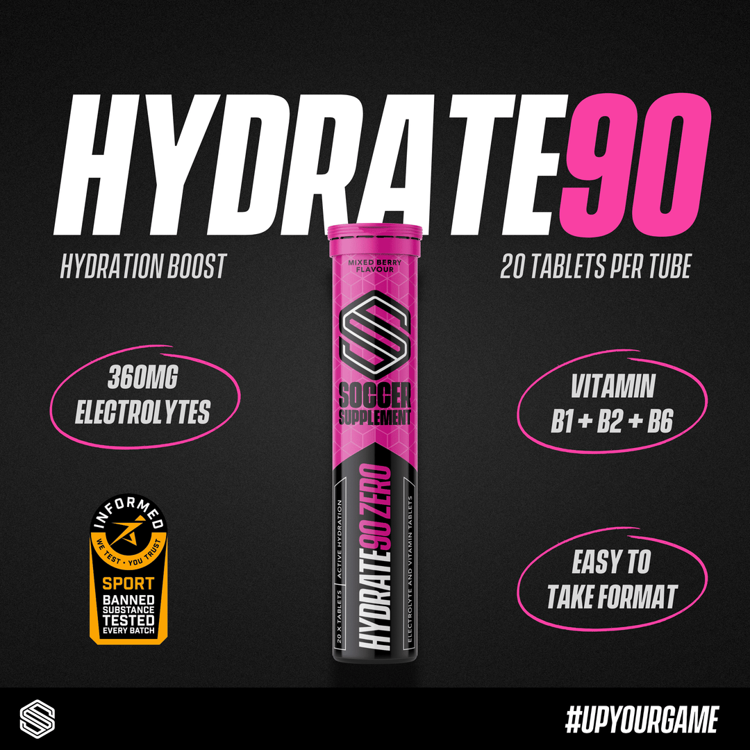 Hidratação no futebol com Hydrate90 - eletrólitos e vitaminas para atletas de futebol